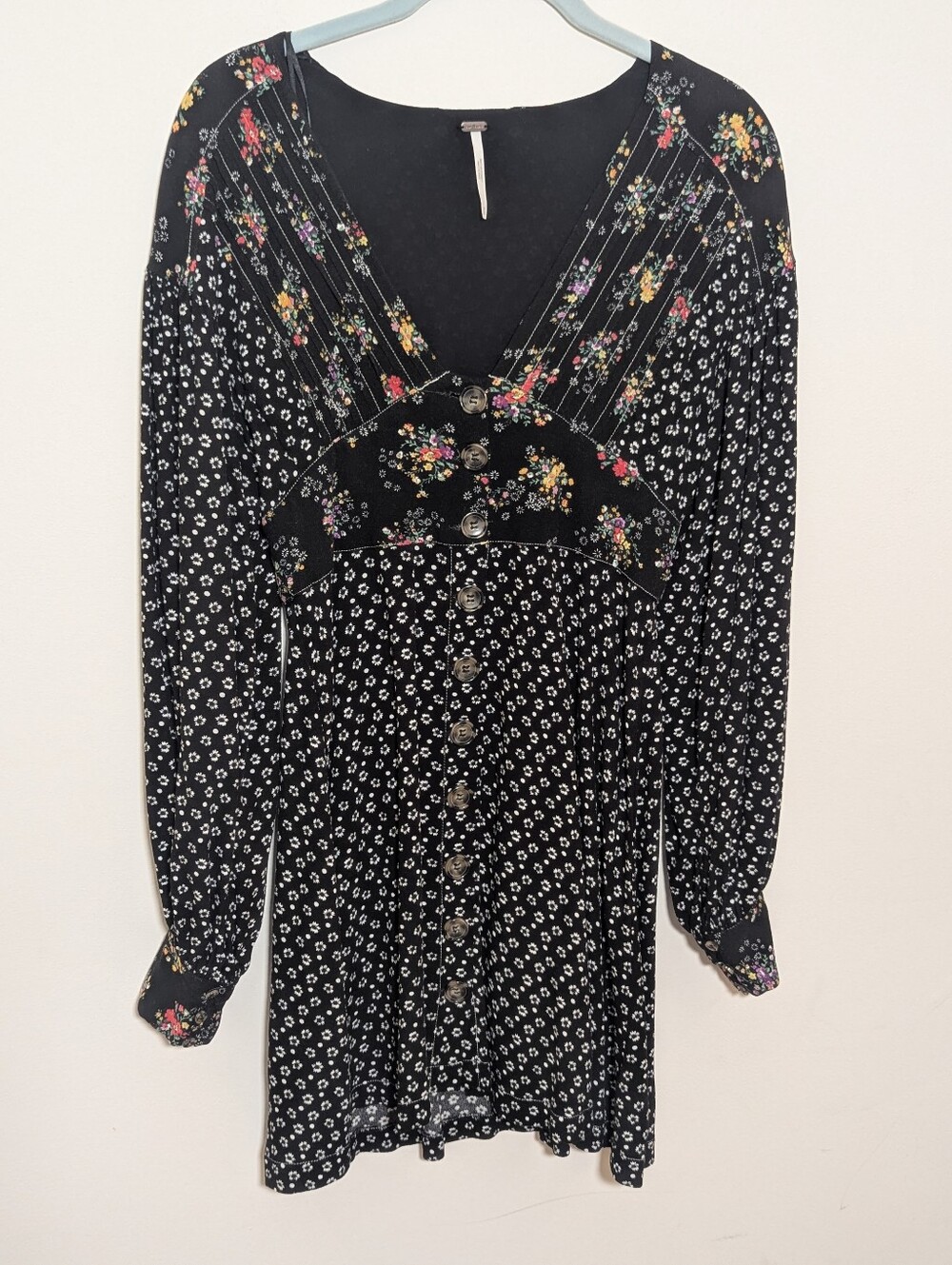 Free People Mixed Floral Button-Front Mini Dress Black Boho Women’s XS